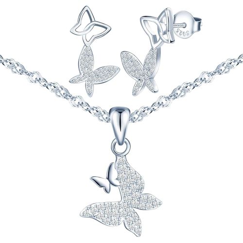 Bijoux Parures De Papillon Zircon En Argent 925 Pour Femmes Elégants Colliers Pendentifs Et Boucles D'oreilles De Double Papillon Mode Ensemble De Bijoux
