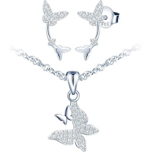 Bijoux Parures En Argent 925 Pour Femmes Elégants Colliers Courts Pendentifs De Double Papillons Fashion Boucles D'oreilles De Papillon Zircon Mode Ensemble De Bijoux