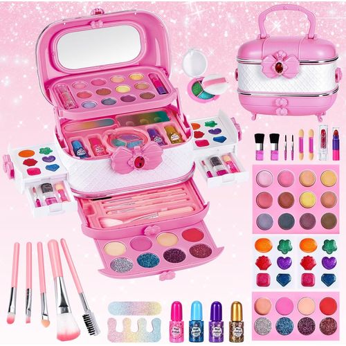 Malette Maquillage Fille,Ensemble De Maquillage Enfant Fille 53 Pièce Lavable Coffret Maquillage Enfant Avec Miroir De Maquillage,Pinceau Cosmétique Et Rouge À Lèvres Pour Fille 3 -10 Ans 