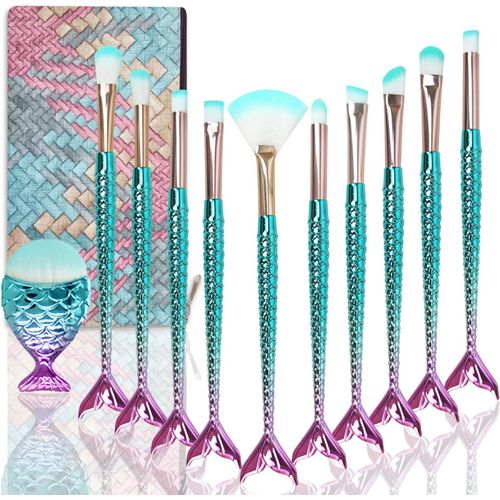 Set Pinceaux Maquillages Sirènes,Kit Pinceaux Maquillages Mignon,Pinceau Maquillage+Sac Pour Fondations,Ombre À Paupières,Fards À Joues,Filles Cadeau Noël Et Anniversaire (11pcs) 