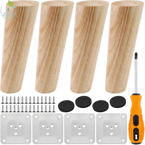 Pieds De Meuble En Bois,4pcs Pieds De Rechange En Bois 15cm,Pieds De Canapé En Bois,Pieds De Meuble Inclinés Avec Tapis Antidérapant Et Plaque De Montage Pour Fauteuil,Table,Armoire,Tiroir