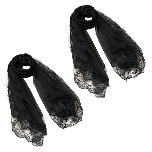 2x Femme Echarpes Mousseline De Soie Dentelle Foulard Wrap Noir