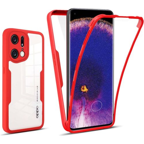 Coque Pour Oppo Find X5 + Protection Écran,360° Full Body Protection,Silicone Double Antichoc Bumper,Rouge