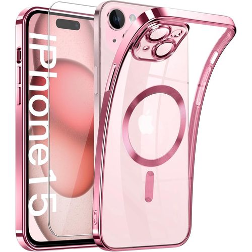 Coque Magnétique Pour Iphone 15 6.1 + Protection Écran En Verre Trempé Hd 9h,Magsafe Étui En Silicone Souple Tpu Ultra-Mince Antichoc,Flexible Anti-Rayures Clair,Rose Gold