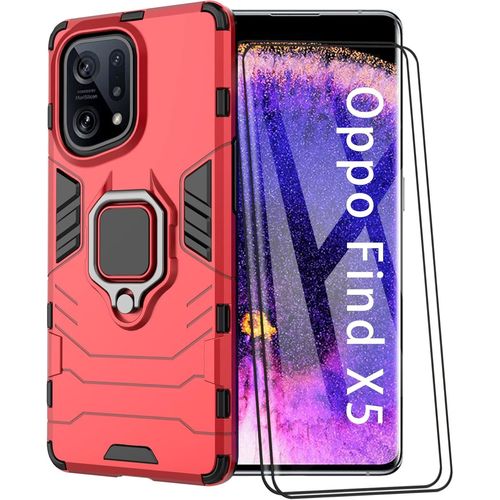 Coque Heavy Duty Pour Oppo Find X5 + Protection Écran En Verre Trempé Hd 9h,Double Couche Armure Militaire Magnétique Antichoc Bumper,Rouge