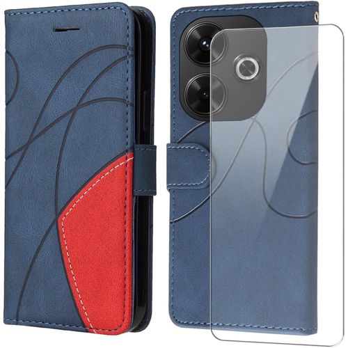 Coque Portefeuille En Cuir Pu Premium Pour Redmi 13 4g/Xiaomi Poco M6 4g,Housse Flip Magnétique + Verre Trempé,Emplacements Cartes & Protection Complète Antichoc,Bleu+Rouge
