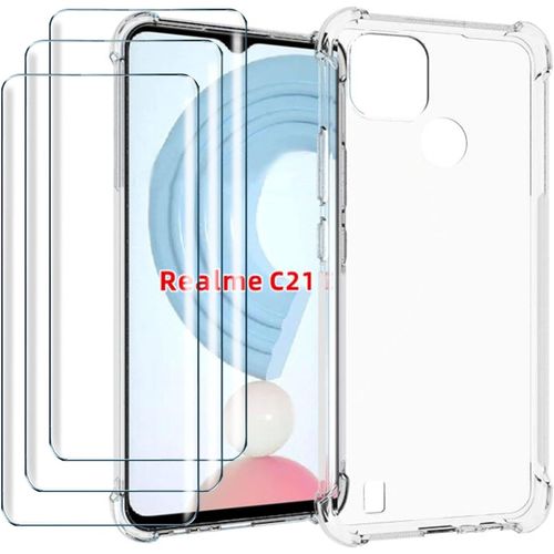 Coque Pour Realme C21 + Protectios Écran En Verre Trempé Hd 9h,Étui En Silicone Souple Tpu Antichoc,Renforcement Aux Quatre Coins,Flexible Anti-Rayures Clair,Transparent
