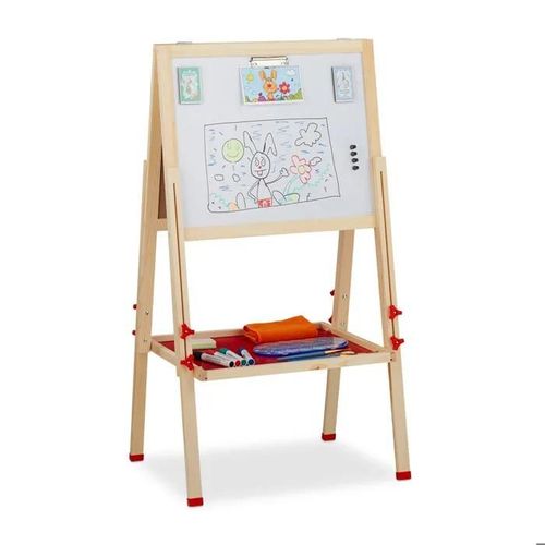 Relaxdays Tableau Droit Enfant; Blanc Et Pour Craie, Réglable En Hauteur, Chevalet En Bois, 102-135 X 55 X 52 Cm, Nature