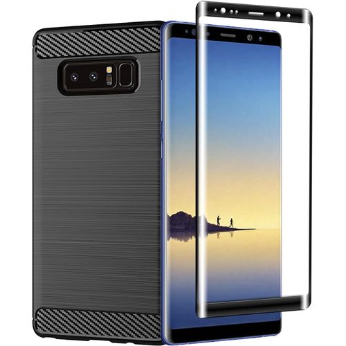Coque Pour Samsung Galaxy Note 8 + Protection Écran Verre Trempé Hd 9h,Étui Militaire Antichoc En Silicone Tpu Souple,Fibre De Carbone,Anti-Rayures,Noir
