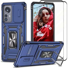 Coque Heavy Duty Pour Xiaomi 12/12x 5g/12s + Protection Écran En Verre Trempé Hd 9h+ Protection Caméra,Double Couche Armure Militaire Magnétique Antichoc Bumper,Bleu,Mqjk