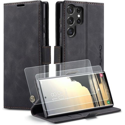 Coque Portefeuille En Cuir Pu Premium Pour Samsung Galaxy S25 Ultra,Housse Flip Magnétique + Verre Trempé,Emplacements Cartes & Protection Complète Antichoc,Noir