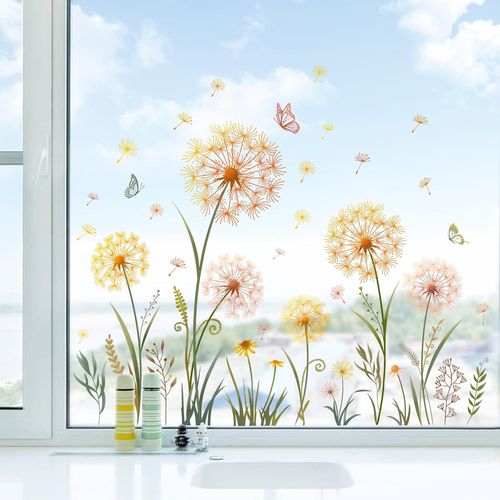 Jaune Pissenlits Fenêtre Stickers - AQSACOKIYA - Papillon Plante Fenêtre Printemps Été Vitre Stickers Anti-Collision Double Face