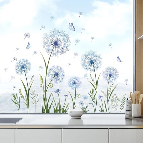 Bleu Pissenlits Fenêtre Stickers - AQSACOKIYA - Papillon Plante Fenêtre Printemps Été Vitre Stickers Anti-Collision Double Face