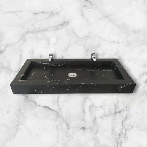 Plan Double Vasque En Béton Noir Effet Marbre Blanc 100x47x7 , Fabriqué Artisanalement En France Par Gakeal