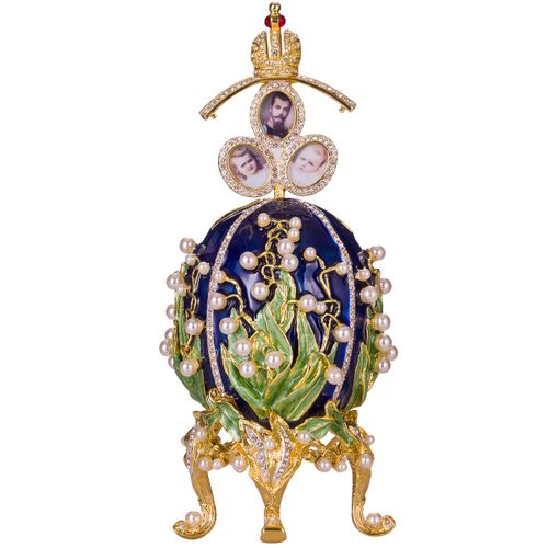 Oeuf à la Fabergé avec des cadres photo Lys de la vallée (Muguet) avec ?ouronne 19 cm, bleu