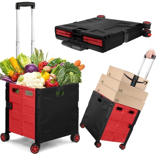 Chariot De Courses Pliable Sur 4 Roues,Chariot De Rangement Avec Poignée Télescopique Réglable,Chariot Portable Robuste De 50 Kg Avec Couvercle Pour Le Shopping/Camping-Noir/Rouge