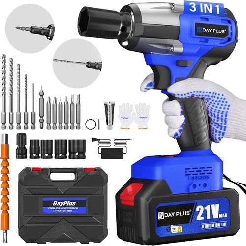 550Nm Clé À Chocs Sans Fil Brushless,21V Boulonneuse A Choc Electrique 3 En 1 Visseuse À Chocs 3400Rpm Avec Vitesse Variable À L'Infini,16 Accessoires Pour Maison/Voiture/Réparation/Diy(4.0Ah,Bleu)