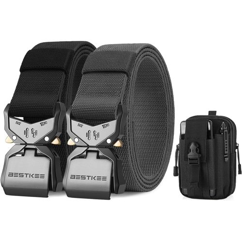 Ceinture Tactique Homme,2 Pièces,Robuste 3,8 Cm,Boucle Métallique Dégagement Rapide,Poche Tactique Molle,Noir,Taille 125 Cm