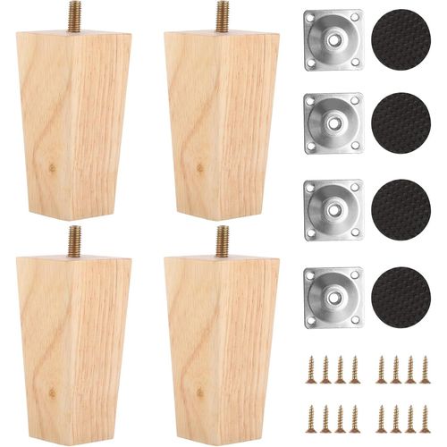 4 Pièces Pied De Meuble Bois 10cm,Pieds De Meuble Bois,Pied De Canapé Avec Plaque De Montage Vis Et Tapis Antidérapant,Pied Meuble Salle De Bain,Pied Pour Meuble,Canapé