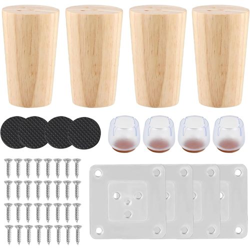 4 Pcs Pieds De Meuble Bois,Pied De Lit Bois Rond 8cm 12cm 15cm,Pied Canapé A Visser Avec Chaise Casquettes Plaque De Montage Vis Tapis,Rechange Pieds De Table Bois Massif,Antidérapant (8cm)