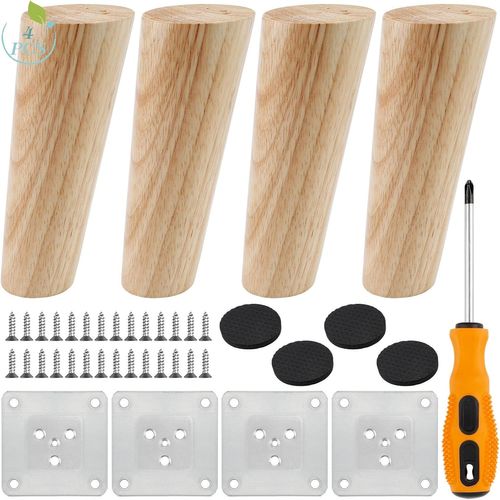Pieds De Meuble En Bois,4pcs Pieds De Rechange En Bois 12cm,Pieds De Canapé En Bois,Pieds De Meuble Inclinés Avec Tapis Antidérapant Et Plaque De Montage Pour Fauteuil,Table,Armoire,Tiroir