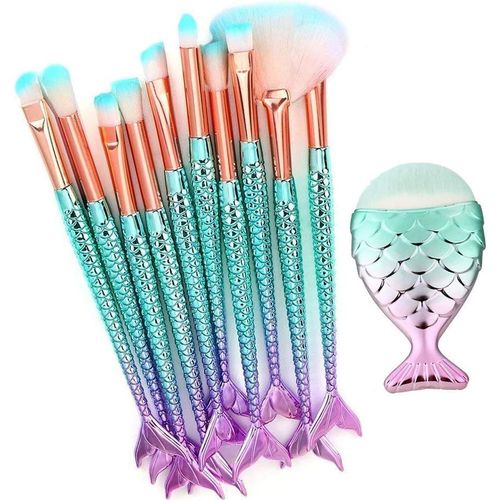 Lot De 11 Pinceaux De Maquillage En Forme De Sirène,Pinceaux De Maquillage Professionnels Pour Fond De Teint,Anti-Cernes 