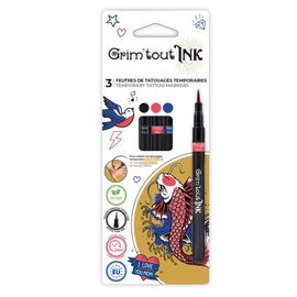3 Feutres Tatouages Pointe Fine Noir Rouge Bleu