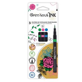 3 Feutres Tatouages Pointe Fine Vert Rose Bleu