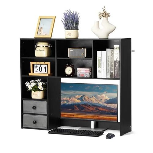 Étagère À Poser Sur Bureau-Vevor-Bibliothèque De Bureau-3 Niveaux-94 X 25,4 X 79,2 Cm-Avec 2 Tiroirs En Tissu-Noir