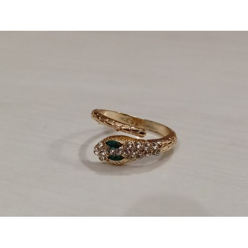 Bague Métal Doré,Serpent,Strass Blanc Et Vert ,Taille 18.15 Mm,Reglable