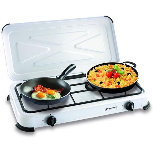- Réchaud Gaz Portable 2 Feux 2600W Blanc Laqué Couvercle Plaque De Cuisson