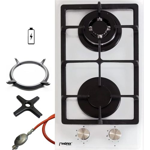 Phönix Domino Plaque De Cuisson À Gaz Encastrable En Verre Blanc 2 Feux Autonomes Réchaud De Camping Gaz Propane/Gaz Naturel Avec Kit De Régulateur De Tuyau De Gaz,Embout Wok En Fonte + Croix De