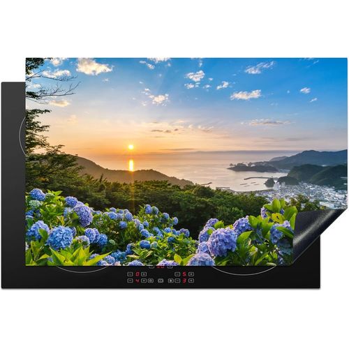 Protège-Plaque À Induction-Plaque Protection Vitrocéramique Induction-Vinyl-Coucher De Soleil Sur Des Fleurs D'Hortensia-80X52 Cm-Couvre Plaque De Cuisson-Accessoires De Cuisine
