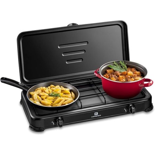 - Réchaud Gaz Portable 2 Feux 2600W Noir Couvercle Plaque De Cuisson