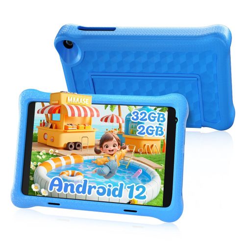 Tablette pour Enfants de 8 Pouces Android 12 Quad-Core 2 Go RAM 32 Go ROM écran HD 1280x800 IPS Double caméra 4000mAh avec Housse de Protection (Bleu)