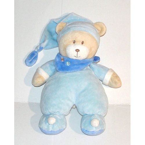 Doudou Ours Bleu A Capuche Bandana Fleurs Max & Sax Peluche Ours  31 Cm