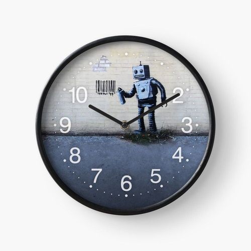 Horloge Murale Banksy graffiti souriant Robot et codes-barres Better Out Than In New York City résidence sur mur de briques 30cm Décoration Artistique pour Cheminée, Maison, Chambre et Bur