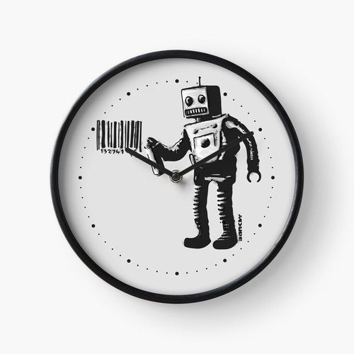 Horloge Murale Banksy souriant Robot et codes-barres Better Out Than In New York City résidence noir et blanc HD BOUTIQUE EN LIGNE 30cm Décoration Artistique pour Cheminée, Maison, Chambre et Bur