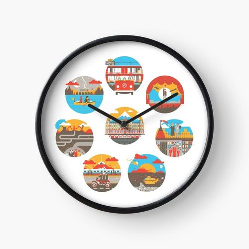Horloge Murale Illustrations d¿icônes de films Wes Anderson 30cm Décoration Artistique pour Cheminée, Maison, Chambre et B