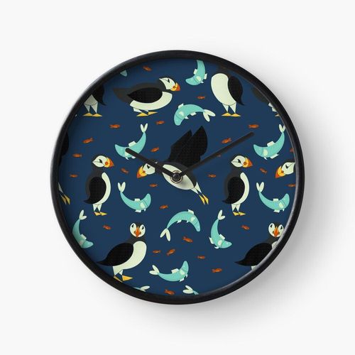 Horloge Murale Macareux géométriques sur bleu foncé 30cm Décoration Artistique pour Cheminée, Maison, Chambre et B