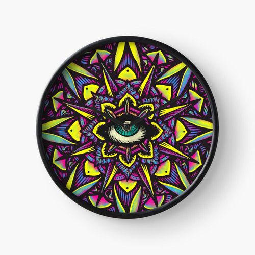 Horloge Murale Roue du Dharma Néon Mandala Eye 30cm Décoration Artistique pour Cheminée, Maison, Chambre et Bur