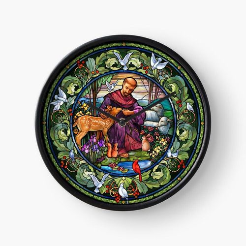 Horloge Murale Vitrail de Saint François d'Assise 30cm Décoration Artistique pour Cheminée, Maison, Chambre et Bur
