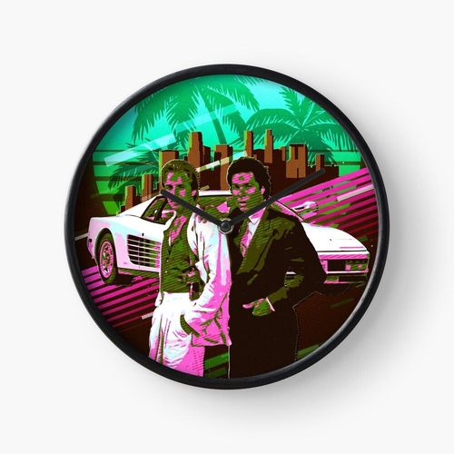 Horloge Murale Iconic TV Art Miami Vice Print avec Don Johnson et Philip Michael Thomas 30cm Décoration Artistique pour Cheminée, Maison, Chambre et Bure