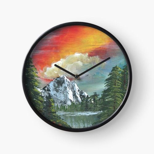 Horloge Murale Paysage inspiré de Bob Ross 30cm Décoration Artistique pour Cheminée, Maison, Chambre et Bur