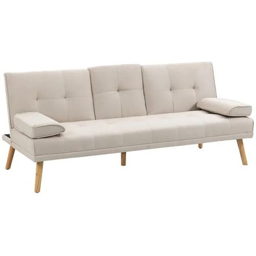 Canapé Convertible 3 Places Design Scandinave Inclinaison Dossier Réglable 3 Niveaux Dossier Central Rabattable 2 Porte-Verres Bois Massif Lin Beige