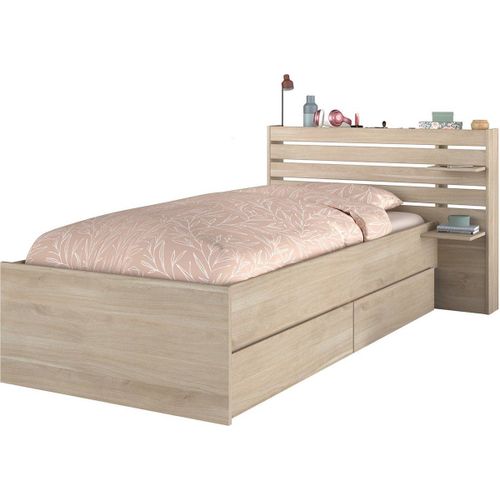 Lit Enfant Escale 90x190/200 Cm - Décor Chêne - Tête De Lit + 2 Tiroirs #Ocp