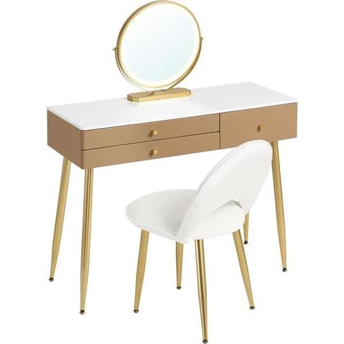 Coiffeuse Avec Miroir Led Réglable Et Chaise En Velours.Table De Maquillage Avec 3 Tiroirs.Kaki+Or