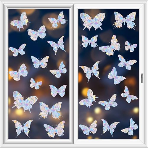 28pcs Stickers Papillons Vitre Anti Collision - AQSACOKIYA - Stickers de Fenêtre Anti-Impact d'Oiseaux à Prisme Arc-En-Ciel