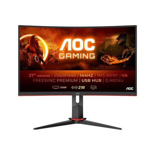 AOC Gaming CQ27G2U/BK - Écran LED - jeux - incurvé - 27" - 2560 x 1440 QHD @ 144 Hz - VA - 250 cd/m² - 3000:1 - 1 ms - 2xHDMI, VGA, DisplayPort - haut-parleurs - noir, rouge