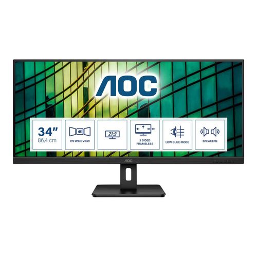 AOC Q34E2A - Écran LED - 34" - 2560 x 1080 WFHD @ 75 Hz - IPS - 300 cd/m² - 1000:1 - 4 ms - 2xHDMI, DisplayPort - haut-parleurs - noir